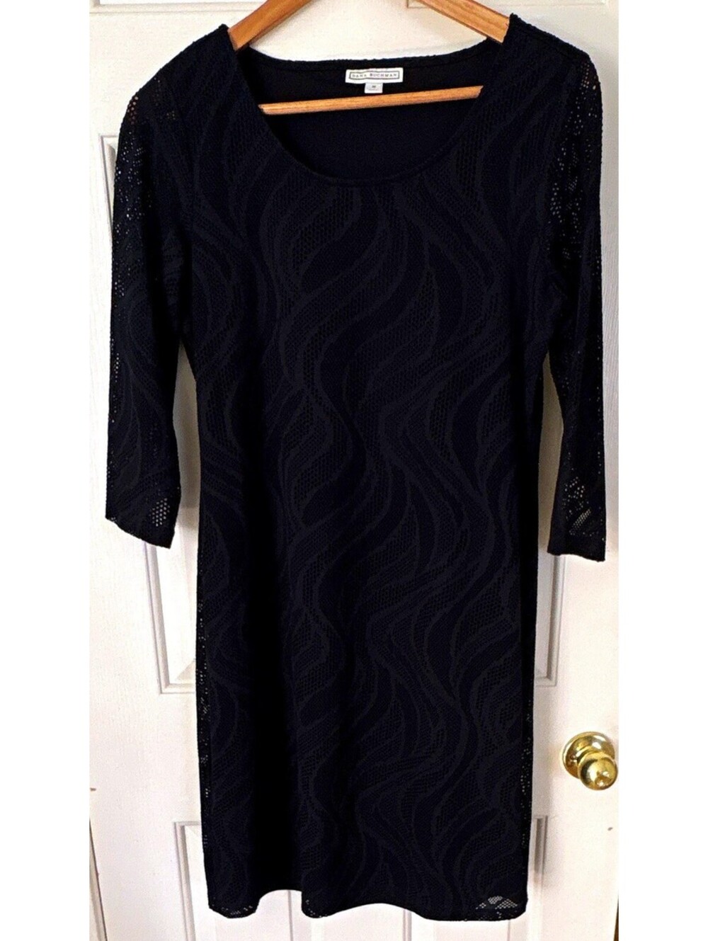 Dana Buchman Black Sheath Dress Scoop Neck 3/4 Sleeve Mesh Lined Stretch M